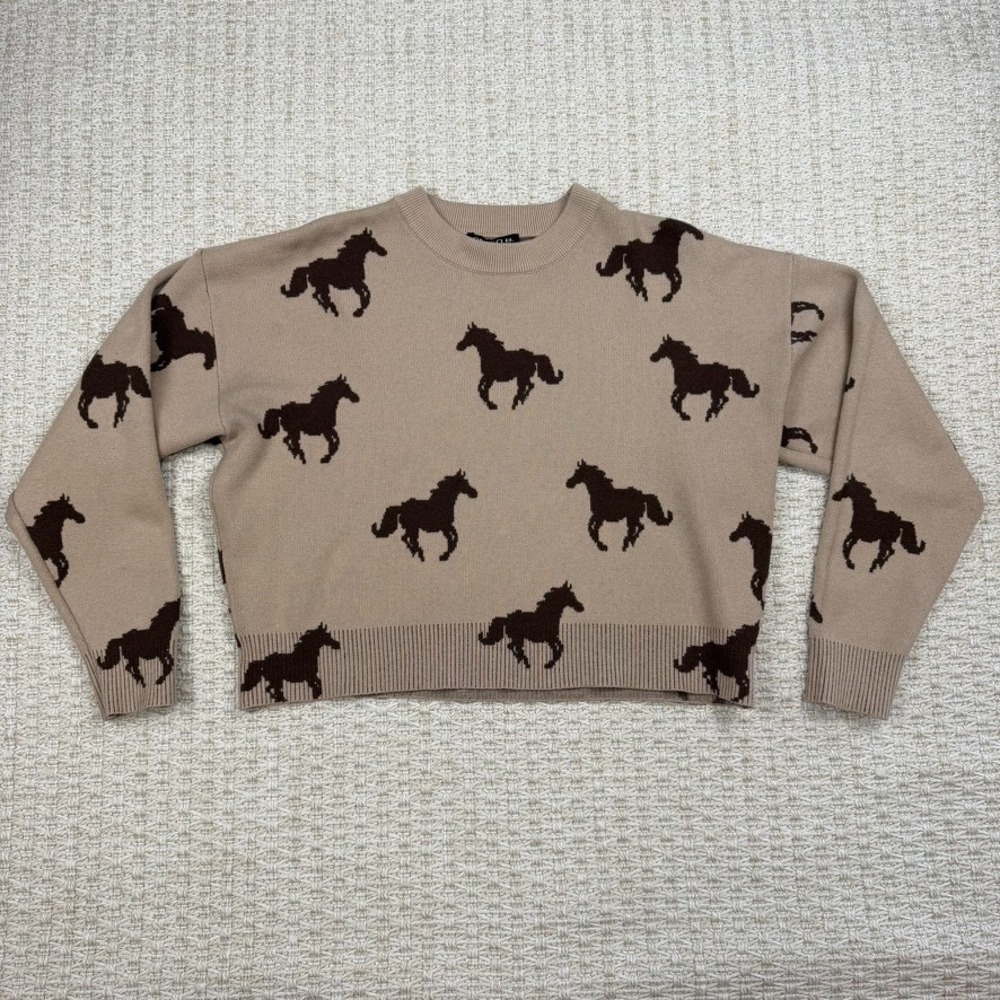 VTG Y2K Arden B Womens L Horse Print Sweater Brown Cropped Western Equestrian